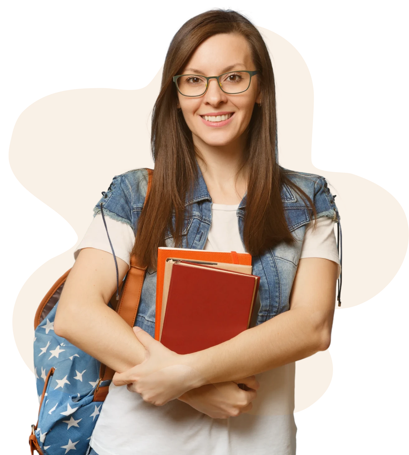 Student with books and backpack, smiling confidently.