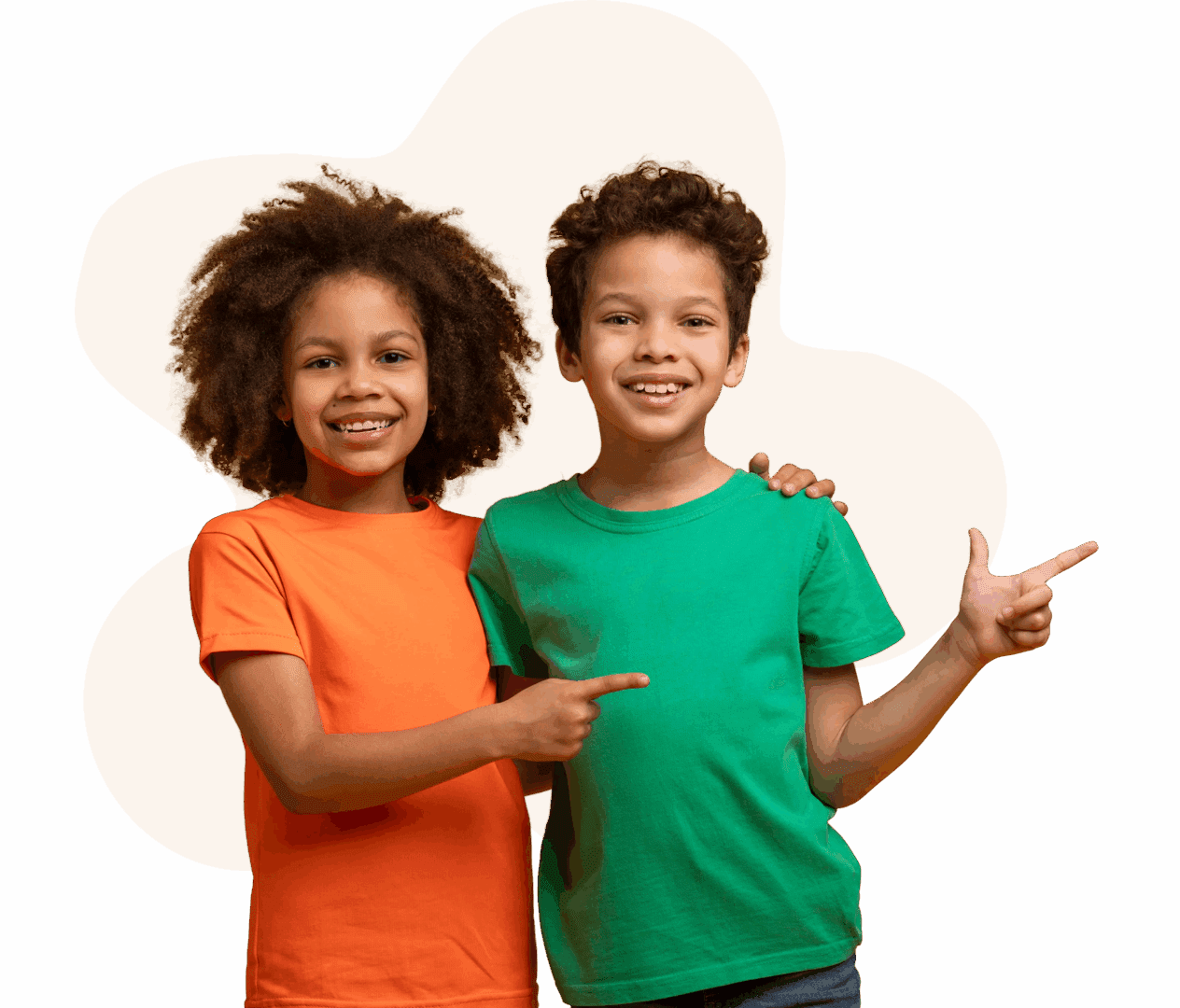 Two smiling children pointing and posing.